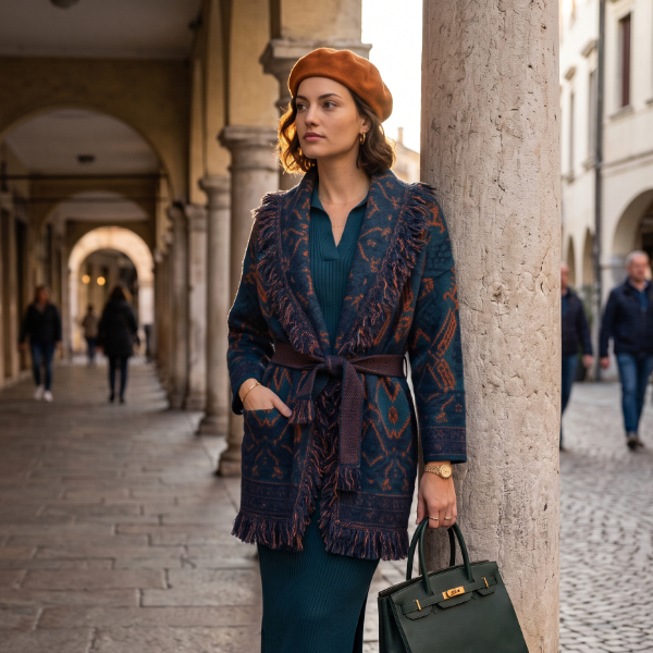 Donna con cardigan a frange sotto portici